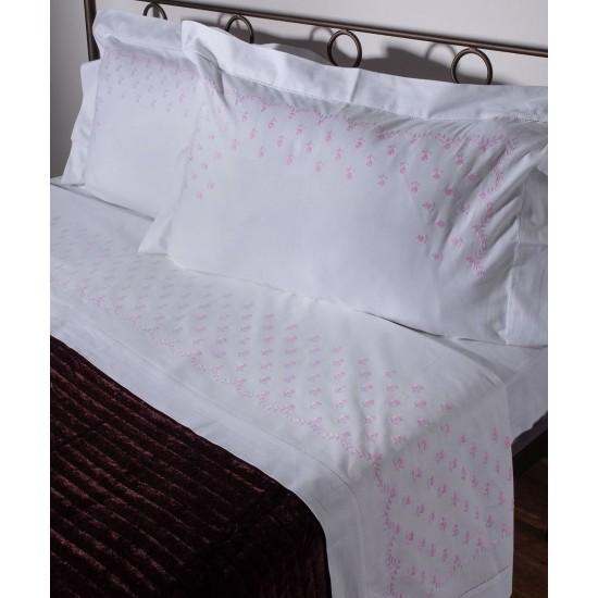 Silk Fashion Χειροποιητο Σεντονι Με Κεντημα 2806B Τεσσαρων Τεμαχιων (225Cm X 270Cm) Λευκο Ροζ