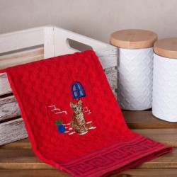 Σετ 12 τεμαχίων ποτηρόπανα γκοφρέ (50cm X 70cm) κόκκινο γάτα CORFU