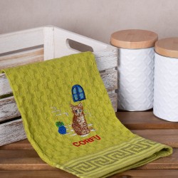 Σετ 12 τεμαχίων ποτηρόπανα γκοφρέ (50cm X 70cm) πράσινο γάτα CORFU