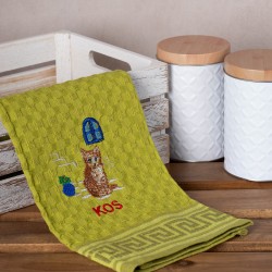 Σετ 12 τεμαχίων ποτηρόπανα γκοφρέ (50cm X 70cm) πράσινο γάτα KOS