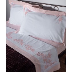 Silk Fashion Χειροποιητο Απλικε Σεντονι Nj01 Τεσσαρων Τεμαχιων (225Cm X 270Cm) Λευκο/Ροζ