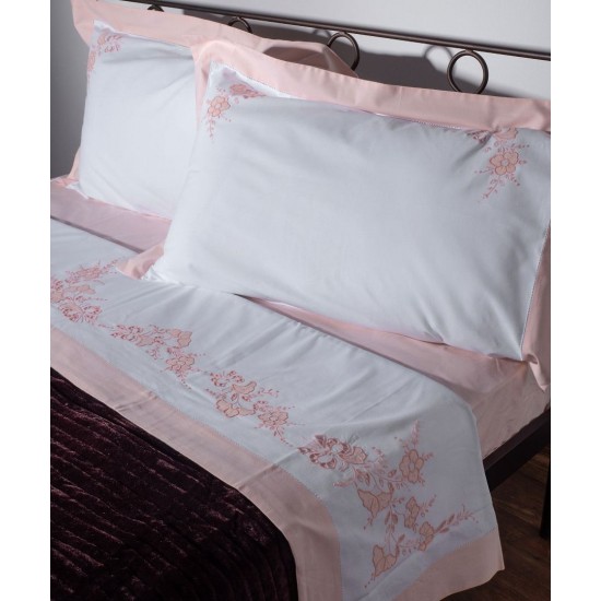 Silk Fashion Χειροποιητο Απλικε Σεντονι Nj01 Τεσσαρων Τεμαχιων (225Cm X 270Cm) Λευκο/Ροζ